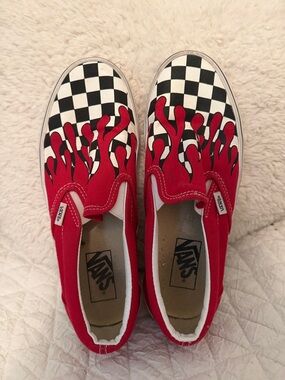 Vans Red Flame Checkerboard Slip-On Sneakers